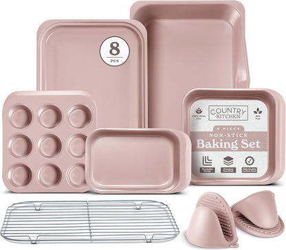 Nonstick Stackable Bakeware Set - Deluxe Heavy Duty, Durable, Easy Release Baking Set, 8 Pcs, Pink