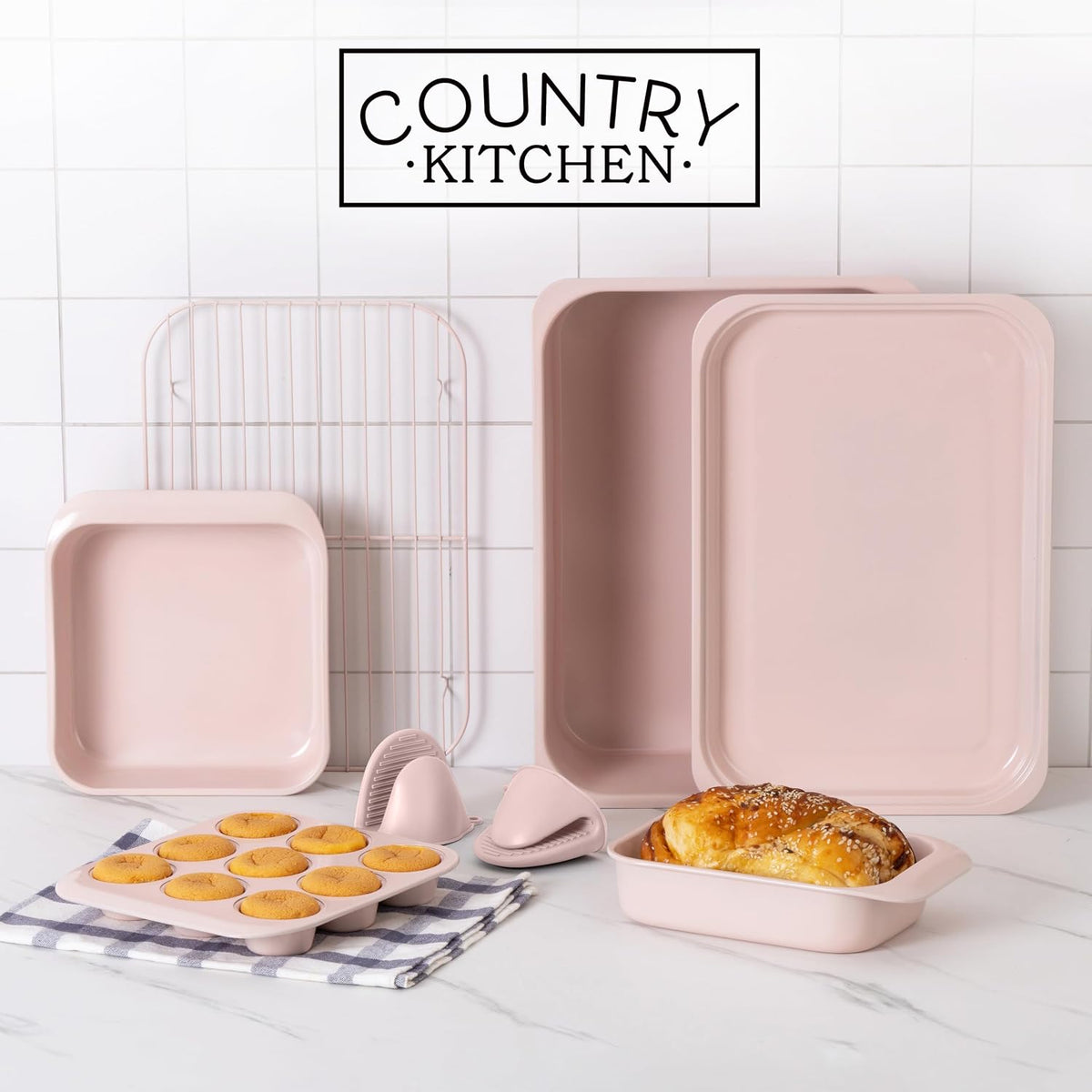 Nonstick Stackable Bakeware Set - Deluxe Heavy Duty, Durable, Easy Release Baking Set, 8 Pcs, Pink