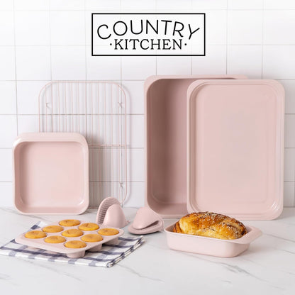Nonstick Stackable Bakeware Set - Deluxe Heavy Duty, Durable, Easy Release Baking Set, 8 Pcs, Pink