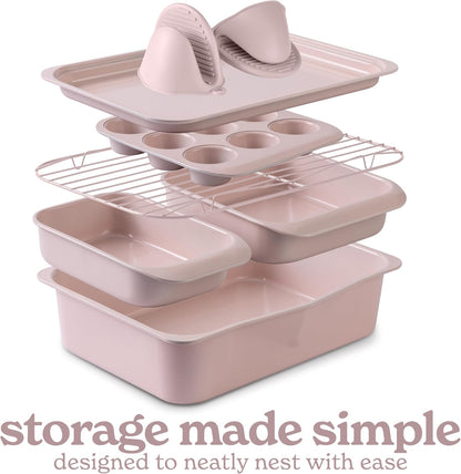 Nonstick Stackable Bakeware Set - Deluxe Heavy Duty, Durable, Easy Release Baking Set, 8 Pcs, Pink