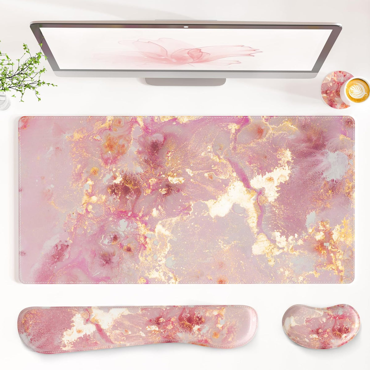 PU Leather Desk Mat Set, 4-in-1 Ergonomic Wrist Rest, Pink Marble