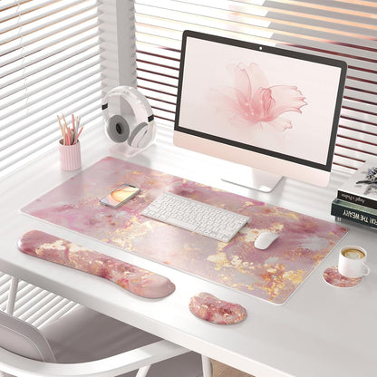 PU Leather Desk Mat Set, 4-in-1 Ergonomic Wrist Rest, Pink Marble
