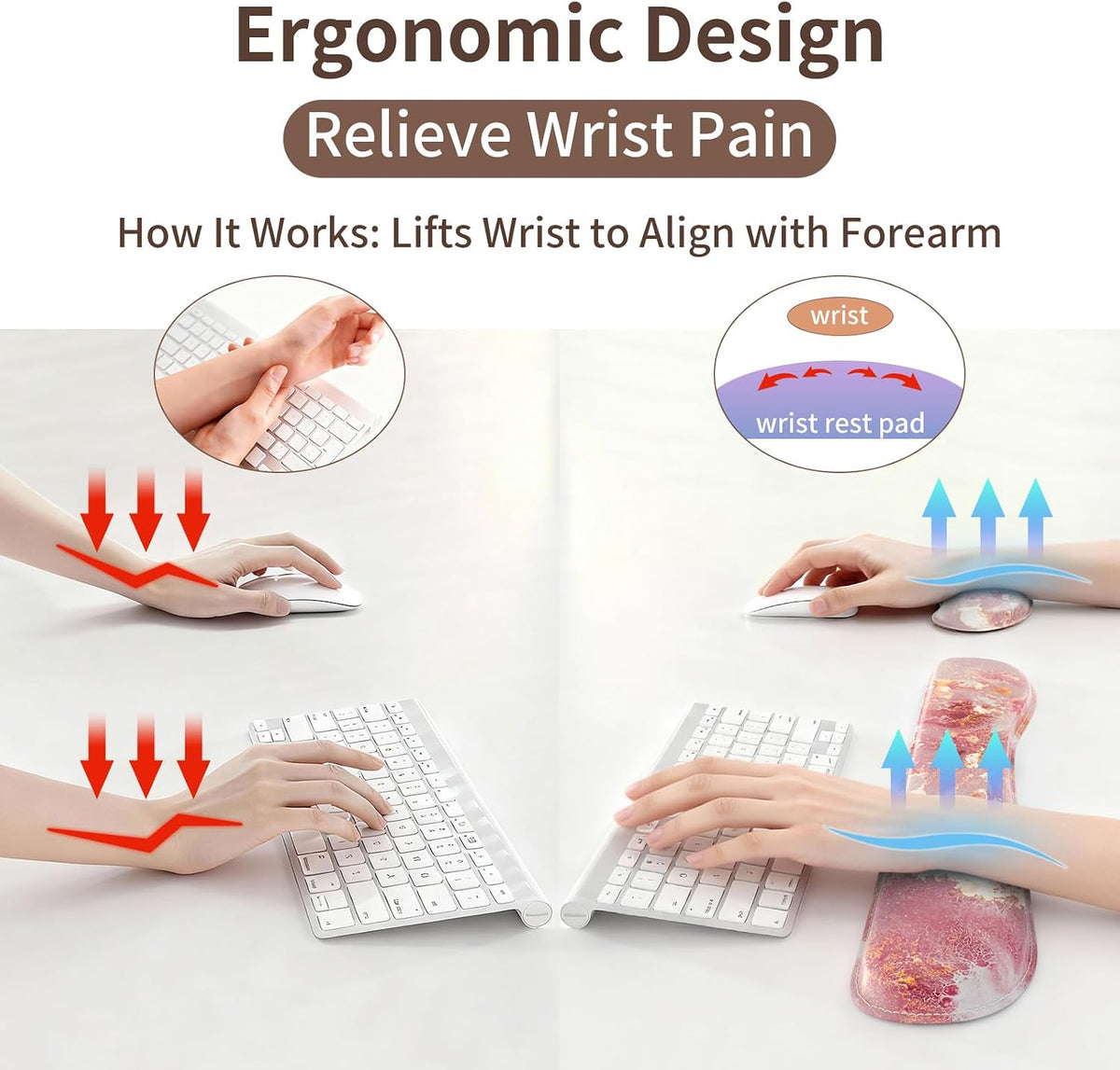 PU Leather Desk Mat Set, 4-in-1 Ergonomic Wrist Rest, Pink Marble