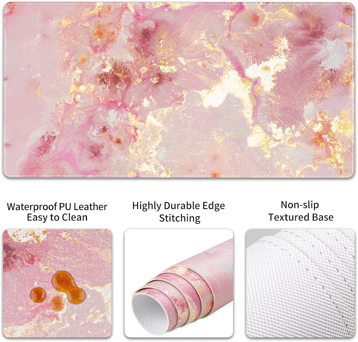PU Leather Desk Mat Set, 4-in-1 Ergonomic Wrist Rest, Pink Marble