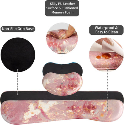 PU Leather Desk Mat Set, 4-in-1 Ergonomic Wrist Rest, Pink Marble