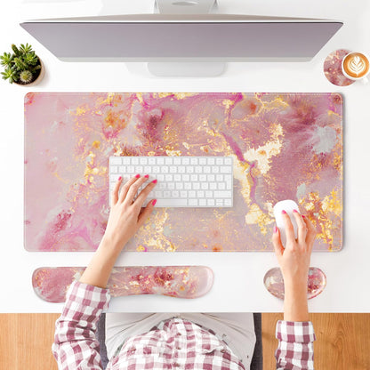 PU Leather Desk Mat Set, 4-in-1 Ergonomic Wrist Rest, Pink Marble