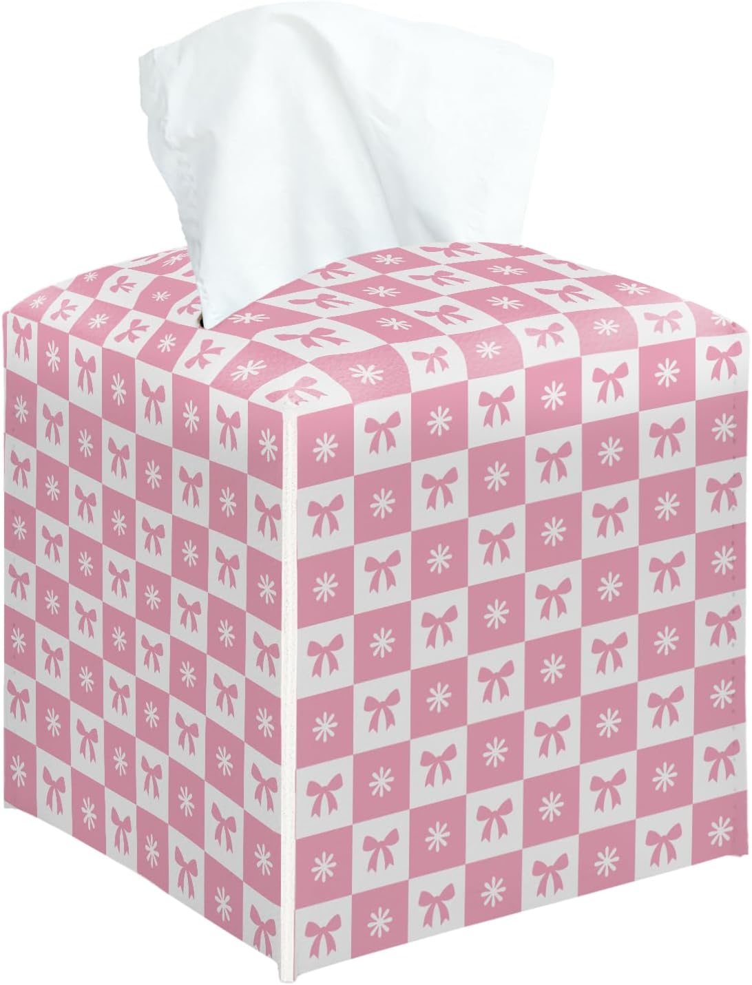 Pink Gingham Bow Tissue Box Cover Square, Pink Decorative Tissue Box Holder for Bedroom Bathroom Kitchen Office Vanity Countertop, Leather Facial Paper Organizer Dispenser -18