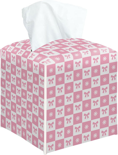 Pink Gingham Bow Tissue Box Cover Square, Pink Decorative Tissue Box Holder for Bedroom Bathroom Kitchen Office Vanity Countertop, Leather Facial Paper Organizer Dispenser -18