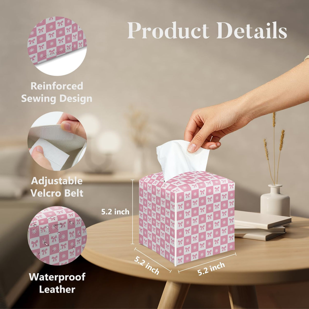 Pink Gingham Bow Tissue Box Cover Square, Pink Decorative Tissue Box Holder for Bedroom Bathroom Kitchen Office Vanity Countertop, Leather Facial Paper Organizer Dispenser -18