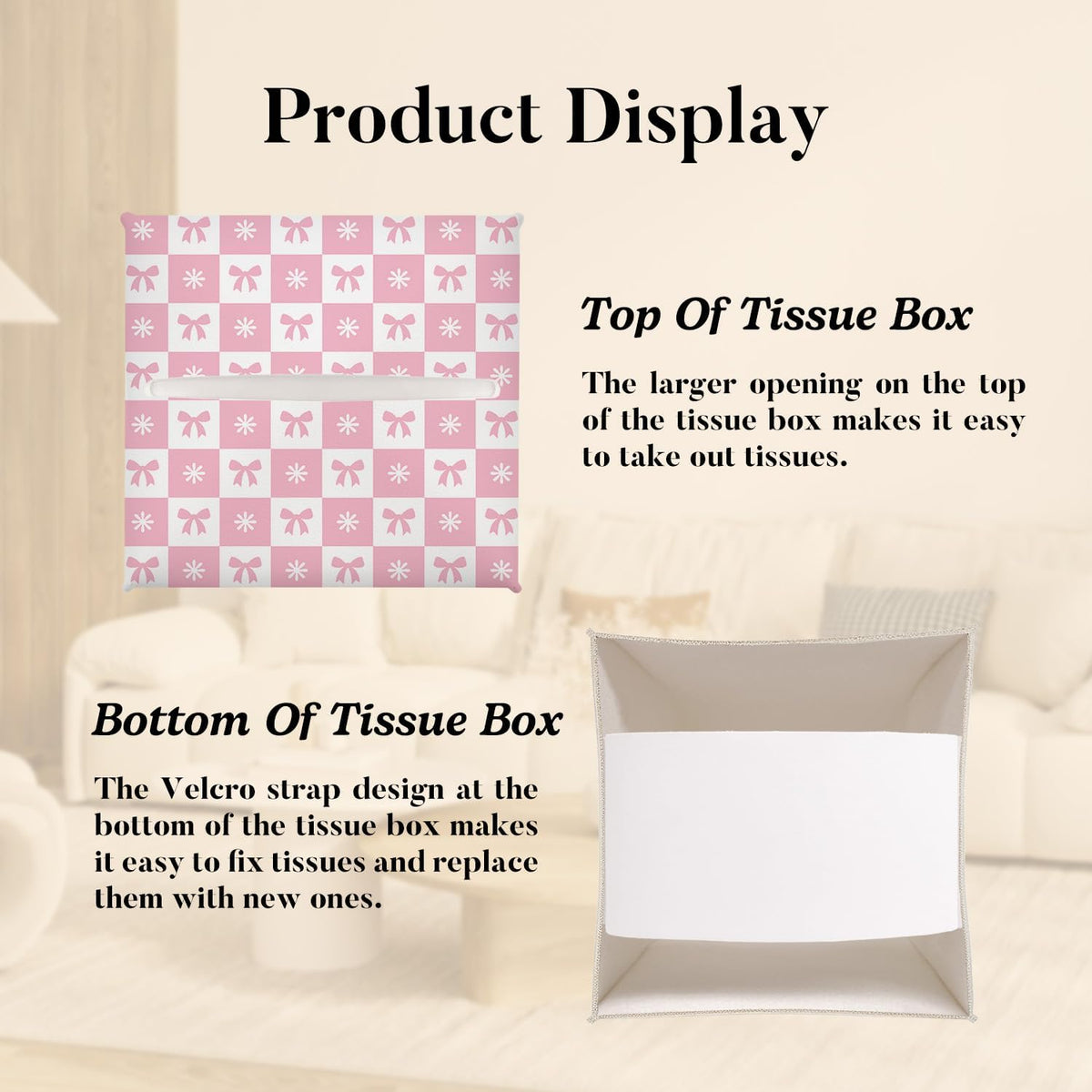 Pink Gingham Bow Tissue Box Cover Square, Pink Decorative Tissue Box Holder for Bedroom Bathroom Kitchen Office Vanity Countertop, Leather Facial Paper Organizer Dispenser -18