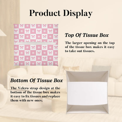 Pink Gingham Bow Tissue Box Cover Square, Pink Decorative Tissue Box Holder for Bedroom Bathroom Kitchen Office Vanity Countertop, Leather Facial Paper Organizer Dispenser -18