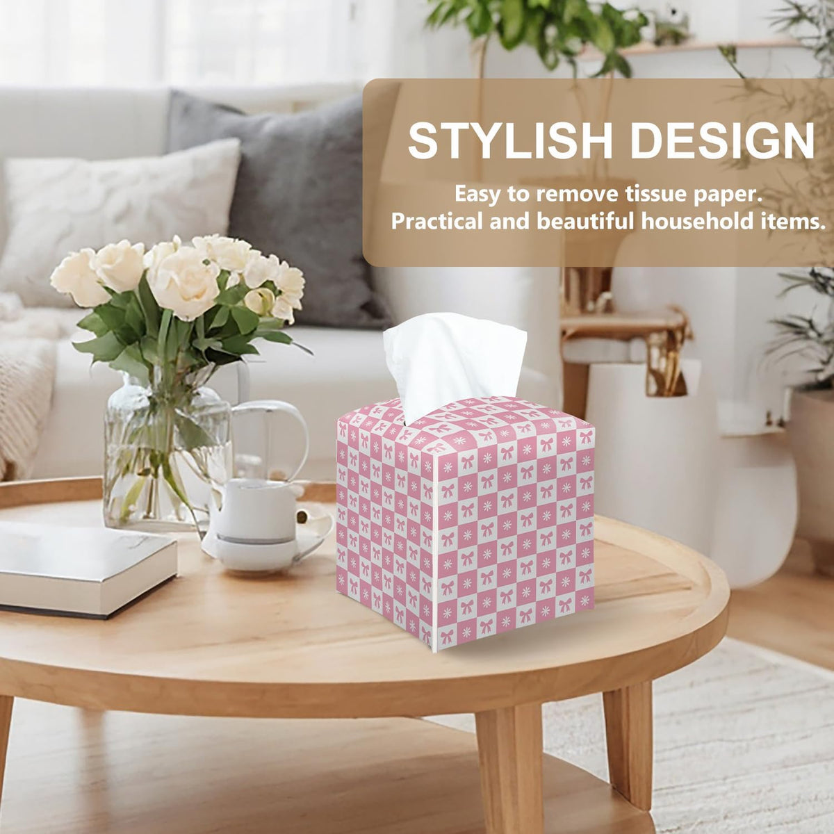 Pink Gingham Bow Tissue Box Cover Square, Pink Decorative Tissue Box Holder for Bedroom Bathroom Kitchen Office Vanity Countertop, Leather Facial Paper Organizer Dispenser -18