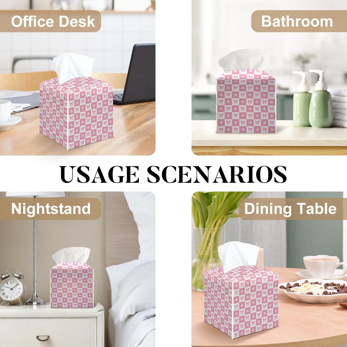 Pink Gingham Bow Tissue Box Cover Square, Pink Decorative Tissue Box Holder for Bedroom Bathroom Kitchen Office Vanity Countertop, Leather Facial Paper Organizer Dispenser -18
