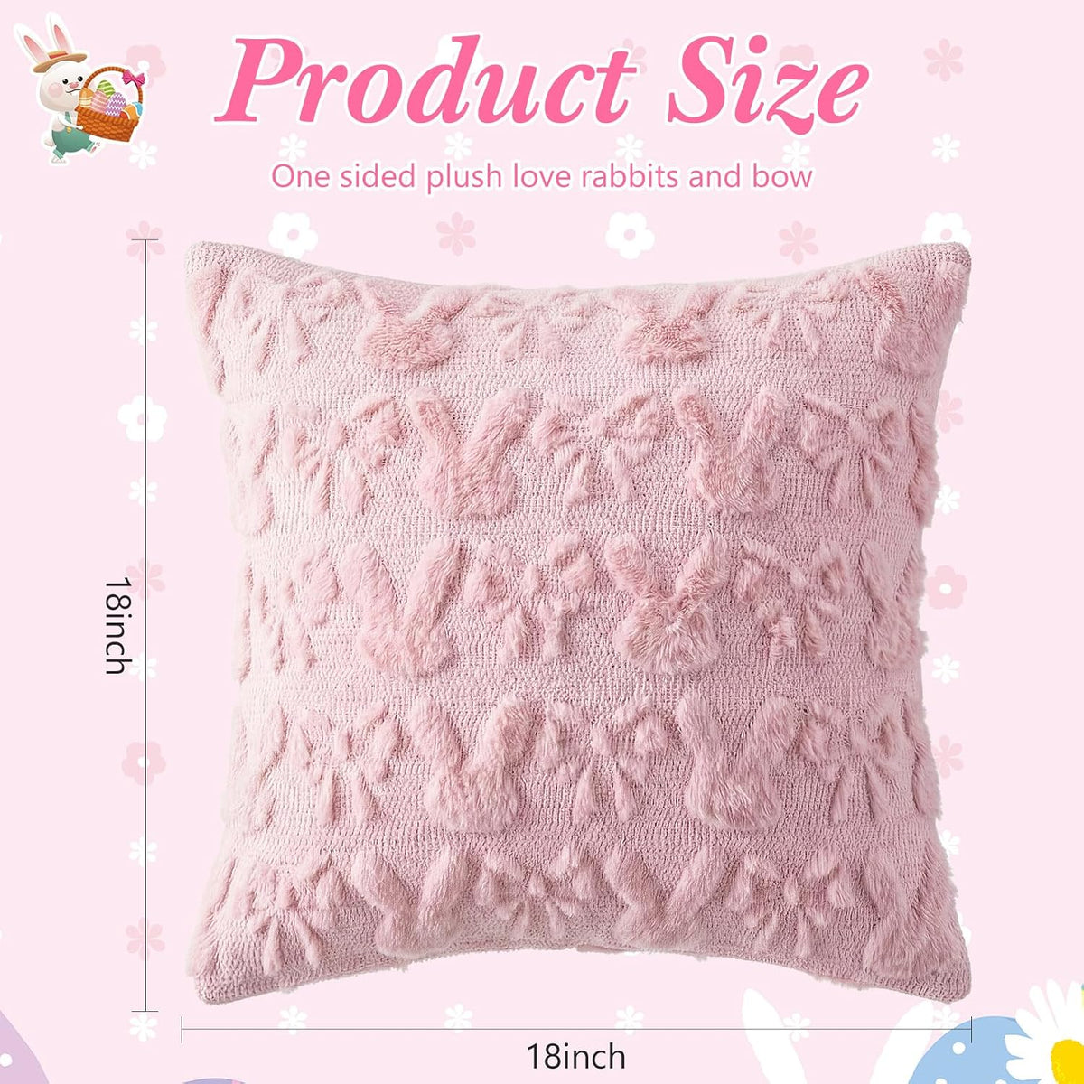 Bow Pillow Covers 18x18 Inch Set of 4, Cute Bunnies & Bowknot Design, Soft Plush Coquette Room Decor, Fluffy Spring Decorative Pillowcases for Couch Bed Sofa Living Room(Light Pink)