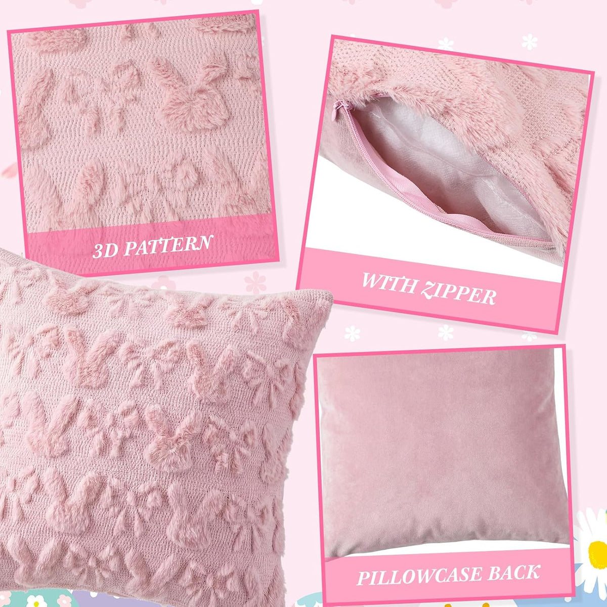Bow Pillow Covers 18x18 Inch Set of 4, Cute Bunnies & Bowknot Design, Soft Plush Coquette Room Decor, Fluffy Spring Decorative Pillowcases for Couch Bed Sofa Living Room(Light Pink)