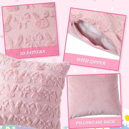 Bow Pillow Covers 18x18 Inch Set of 4, Cute Bunnies & Bowknot Design, Soft Plush Coquette Room Decor, Fluffy Spring Decorative Pillowcases for Couch Bed Sofa Living Room(Light Pink)