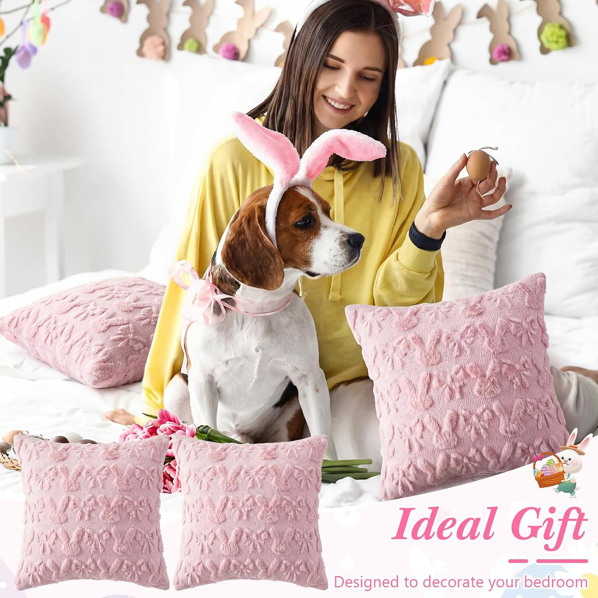 Bow Pillow Covers 18x18 Inch Set of 4, Cute Bunnies & Bowknot Design, Soft Plush Coquette Room Decor, Fluffy Spring Decorative Pillowcases for Couch Bed Sofa Living Room(Light Pink)