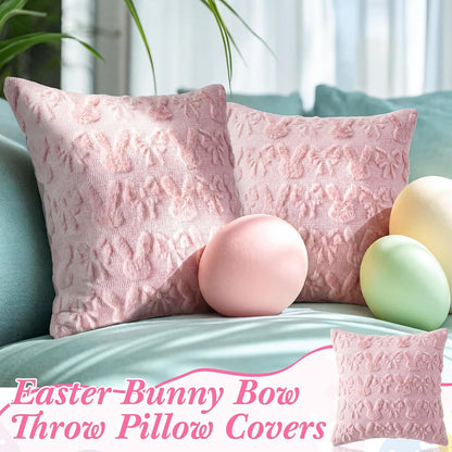Bow Pillow Covers 18x18 Inch Set of 4, Cute Bunnies & Bowknot Design, Soft Plush Coquette Room Decor, Fluffy Spring Decorative Pillowcases for Couch Bed Sofa Living Room(Light Pink)