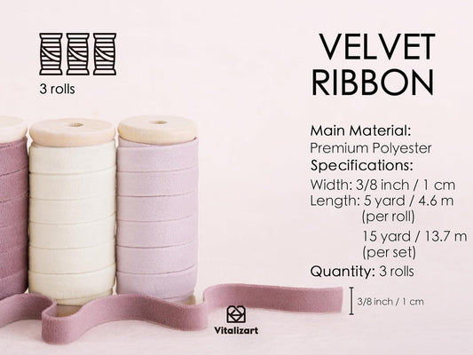 Velvet Ribbon Pink White Set 3/8" x 15 Yd Wooden Spool Fabric Trim 3 Rolls * 5 Yd for Christmas Wreath Decoration Handmade Craft Ornaments Gift Wrapping & Bow Making
