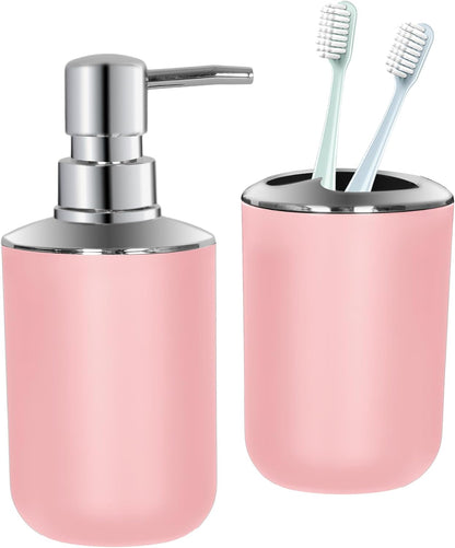 Pink Bathroom Accessories Set 2 PCS, Soap Dispenser and Toothbrush Holder