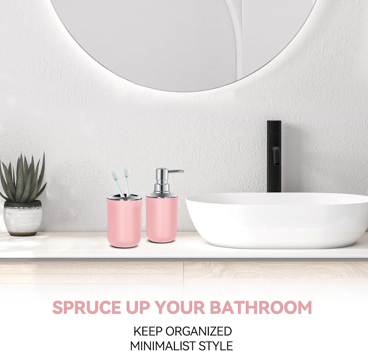 Pink Bathroom Accessories Set 2 PCS, Soap Dispenser and Toothbrush Holder