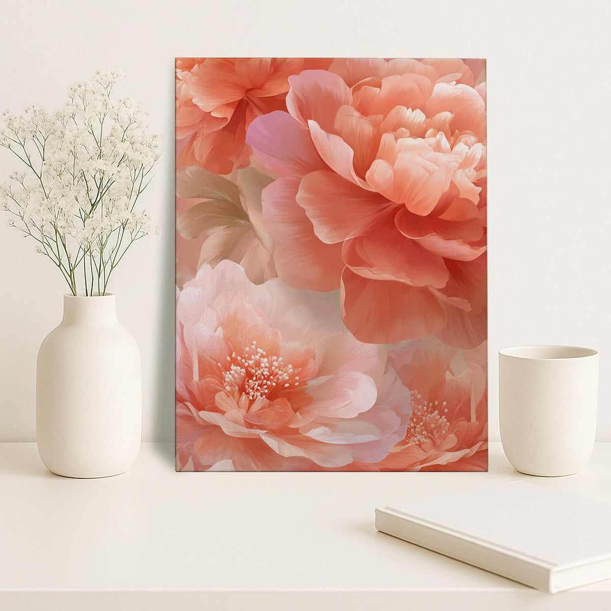 Peach Floral Canvas Wall Art, Soft Peach Flower Poster Prints, Abstract Wall Art Home Aesthetic Decor for Living Room, Bedroom, Bathroom, Dorm, Wrapped Canvas 8x12 Inch