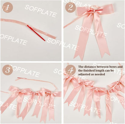 Bow Banner Garland Ribbon Garland Decoration Including 10Pcs Bows and 9.8 Feet Ribbon Coquette Bachelorette Party Hanging Banner for Wedding Bridal Shower Engagement Decorations Light Salmon