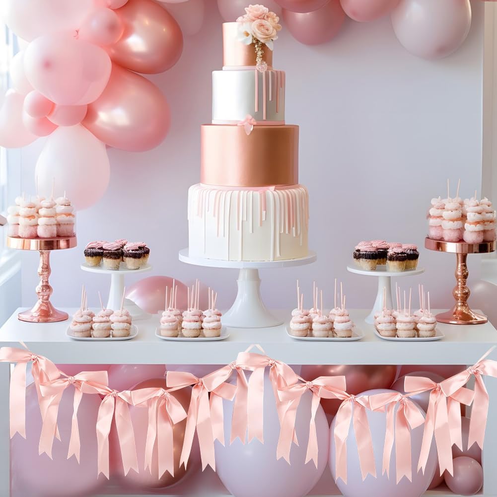 Bow Banner Garland Ribbon Garland Decoration Including 10Pcs Bows and 9.8 Feet Ribbon Coquette Bachelorette Party Hanging Banner for Wedding Bridal Shower Engagement Decorations Light Salmon