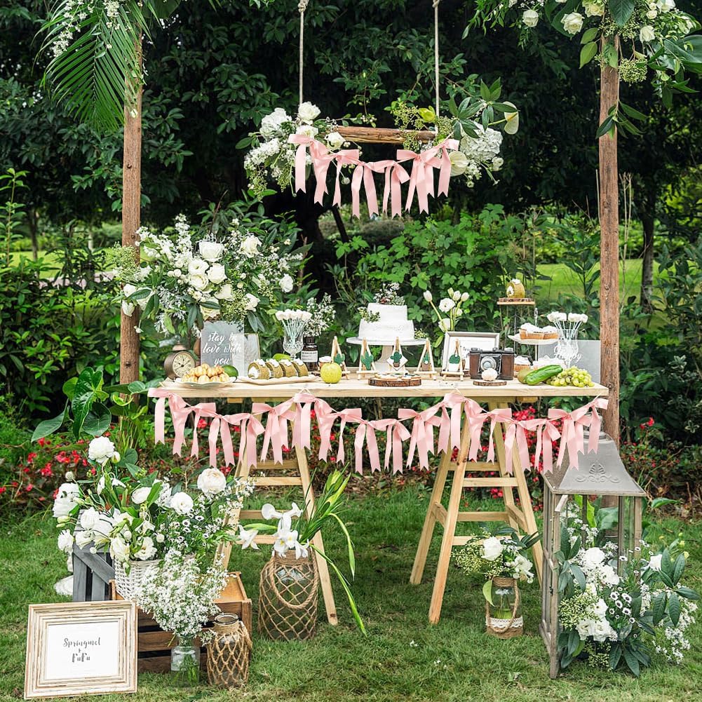 Bow Banner Garland Ribbon Garland Decoration Including 10Pcs Bows and 9.8 Feet Ribbon Coquette Bachelorette Party Hanging Banner for Wedding Bridal Shower Engagement Decorations Light Salmon