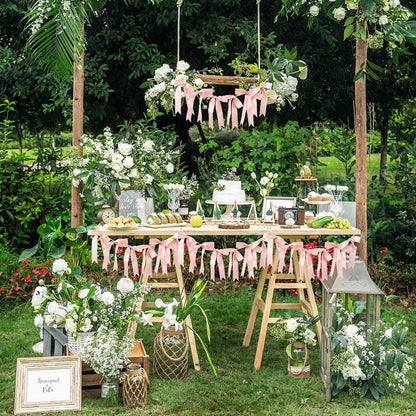 Bow Banner Garland Ribbon Garland Decoration Including 10Pcs Bows and 9.8 Feet Ribbon Coquette Bachelorette Party Hanging Banner for Wedding Bridal Shower Engagement Decorations Light Salmon