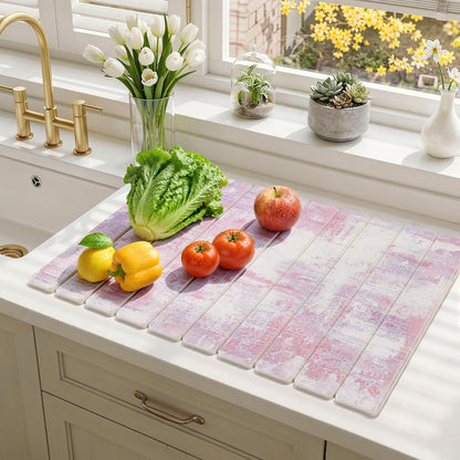 Large Stone Dish Drying Mat for Kitchen Counter, 23.6" × 15.3" Foldable Non-Slip Stone Drying Mat with Abstract Pattern, Heat Resistant Diatomaceous Earth Mat for Bath, Dishes, Cups, Pink