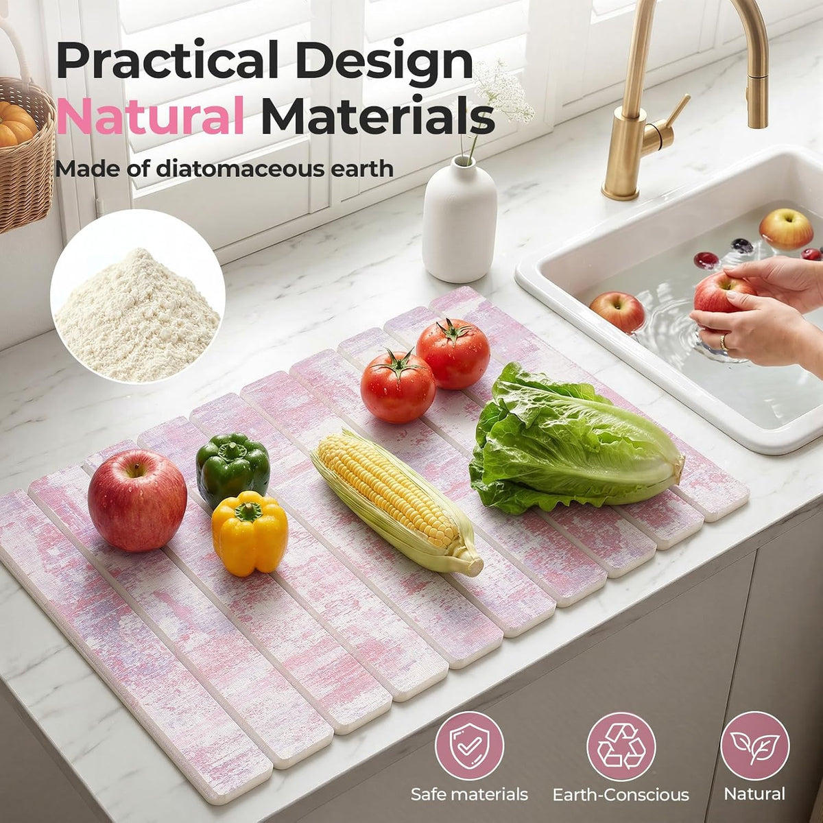 Large Stone Dish Drying Mat for Kitchen Counter, 23.6" × 15.3" Foldable Non-Slip Stone Drying Mat with Abstract Pattern, Heat Resistant Diatomaceous Earth Mat for Bath, Dishes, Cups, Pink