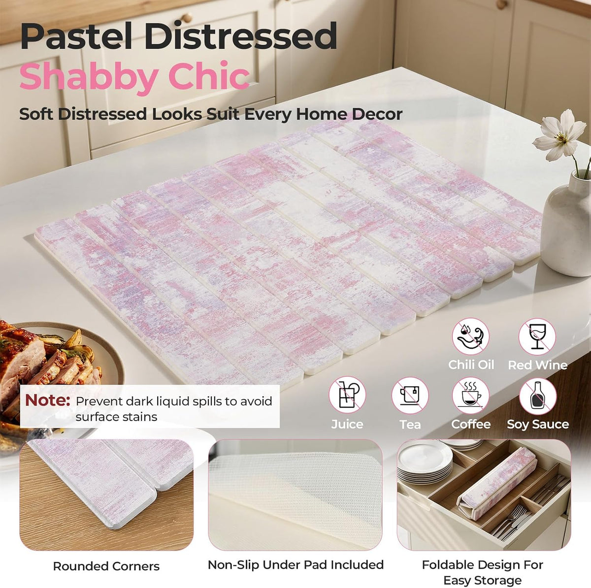 Large Stone Dish Drying Mat for Kitchen Counter, 23.6" × 15.3" Foldable Non-Slip Stone Drying Mat with Abstract Pattern, Heat Resistant Diatomaceous Earth Mat for Bath, Dishes, Cups, Pink
