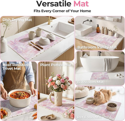 Large Stone Dish Drying Mat for Kitchen Counter, 23.6" × 15.3" Foldable Non-Slip Stone Drying Mat with Abstract Pattern, Heat Resistant Diatomaceous Earth Mat for Bath, Dishes, Cups, Pink