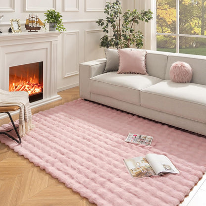 Ashler Faux Rabbit Fur Rug, Pink 5x7 FT Fluffy Soft Area Rugs, Rectangle Fuzzy Carpet for Living Room, Bedroom, Machine Washable - 3D Bubble Rug