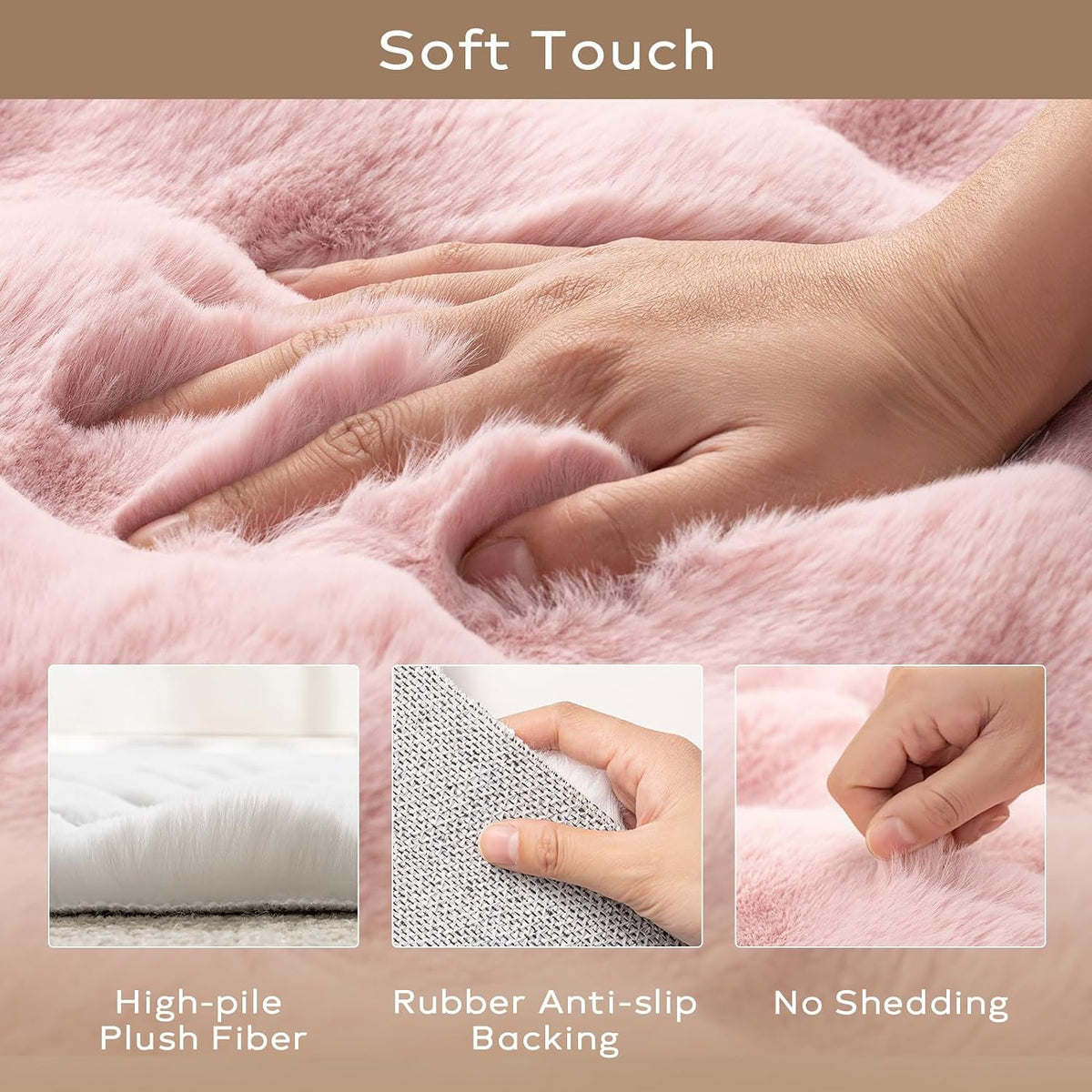 Ashler Faux Rabbit Fur Rug, Pink 5x7 FT Fluffy Soft Area Rugs, Rectangle Fuzzy Carpet for Living Room, Bedroom, Machine Washable - 3D Bubble Rug