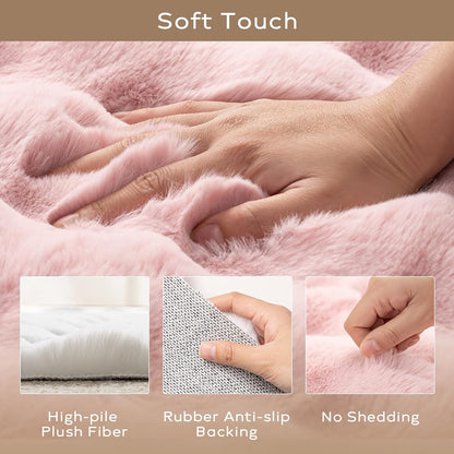 Ashler Faux Rabbit Fur Rug, Pink 5x7 FT Fluffy Soft Area Rugs, Rectangle Fuzzy Carpet for Living Room, Bedroom, Machine Washable - 3D Bubble Rug