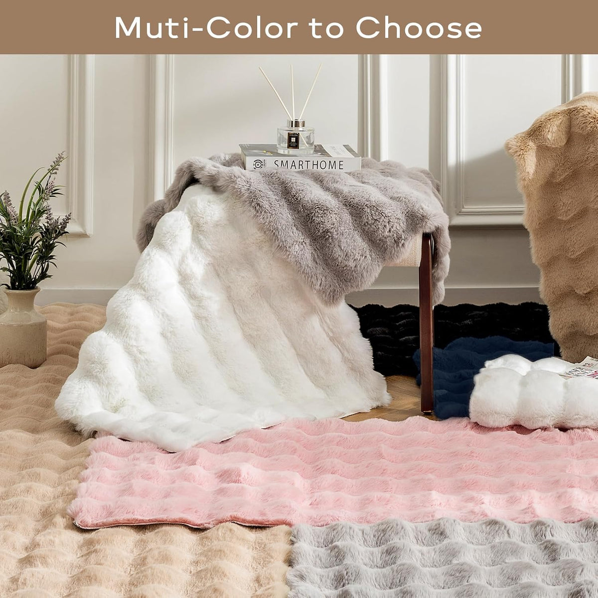 Ashler Faux Rabbit Fur Rug, Pink 5x7 FT Fluffy Soft Area Rugs, Rectangle Fuzzy Carpet for Living Room, Bedroom, Machine Washable - 3D Bubble Rug