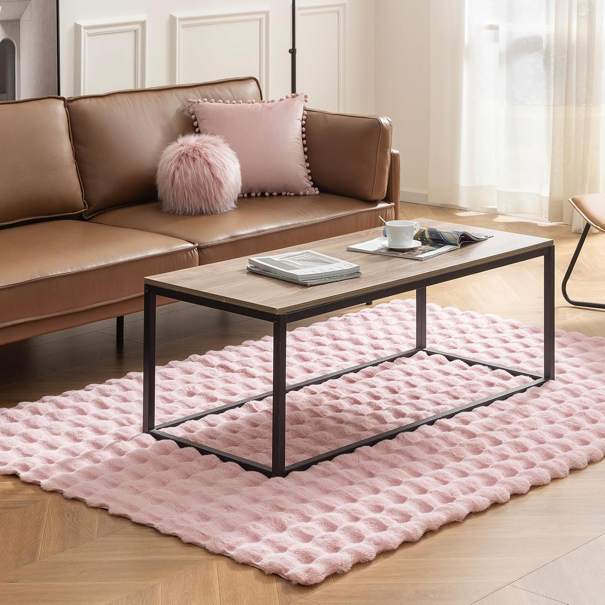 Ashler Faux Rabbit Fur Rug, Pink 5x7 FT Fluffy Soft Area Rugs, Rectangle Fuzzy Carpet for Living Room, Bedroom, Machine Washable - 3D Bubble Rug