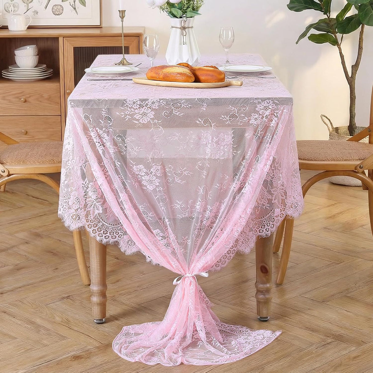 Vintage Lace Tablecloth 60"x120" Rectangle Pink Wedding Overlay 10FT Fabric