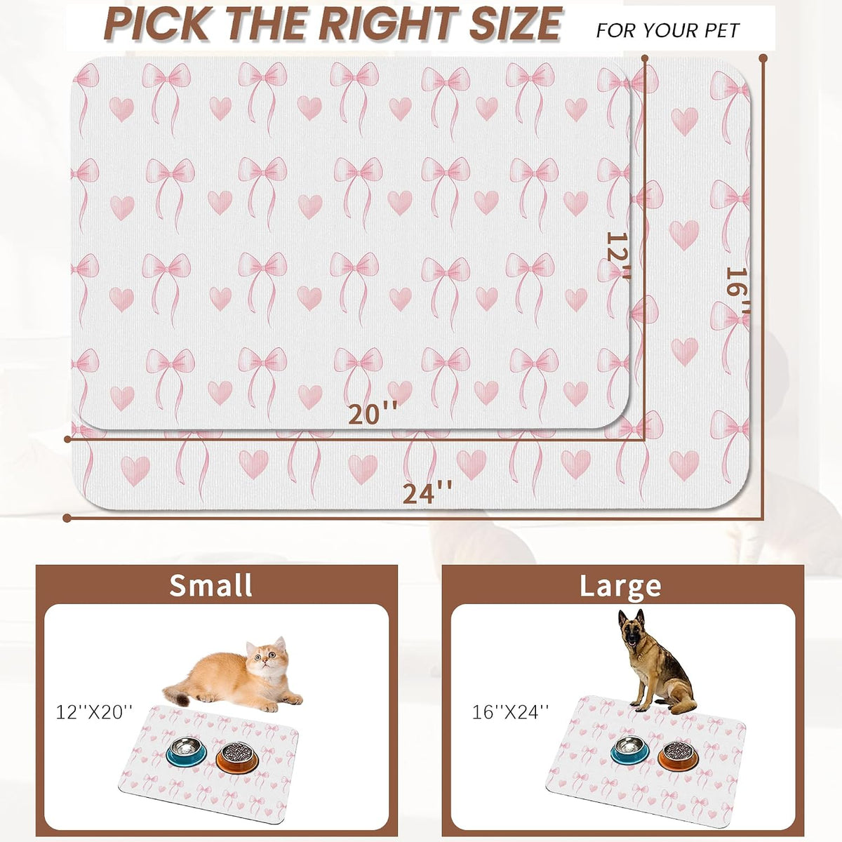Cute Pink Bow Dog Food Mat for Floors,Heart Absorbent Pet Food and Water Bowl Mats,Non-Slip Pet Feeding Mat,Pet Supplies 12" x 20"