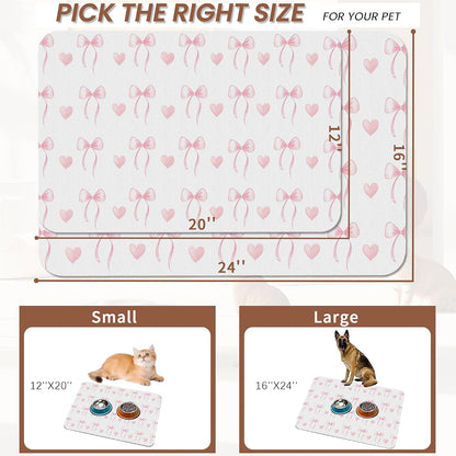 Cute Pink Bow Dog Food Mat for Floors,Heart Absorbent Pet Food and Water Bowl Mats,Non-Slip Pet Feeding Mat,Pet Supplies 12" x 20"