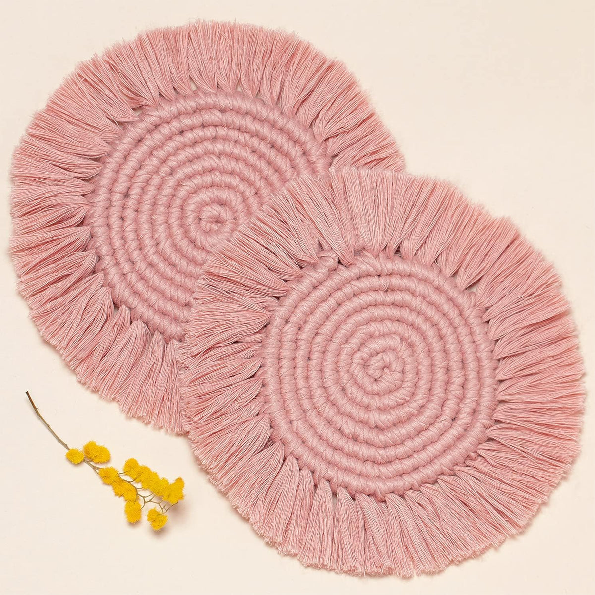 Cute Macrame Coasters Woven Boho Decor Handmade Absorbent Aesthetic, for Desk Office Table Kitchen Dining Room Cup Drinks Picnic Housewarming Home Rattan Wicker Bamboo (Dusty Pink (Set of 2))