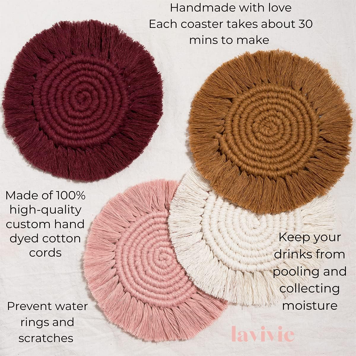 Cute Macrame Coasters Woven Boho Decor Handmade Absorbent Aesthetic, for Desk Office Table Kitchen Dining Room Cup Drinks Picnic Housewarming Home Rattan Wicker Bamboo (Dusty Pink (Set of 2))