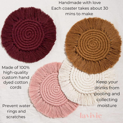 Cute Macrame Coasters Woven Boho Decor Handmade Absorbent Aesthetic, for Desk Office Table Kitchen Dining Room Cup Drinks Picnic Housewarming Home Rattan Wicker Bamboo (Dusty Pink (Set of 2))