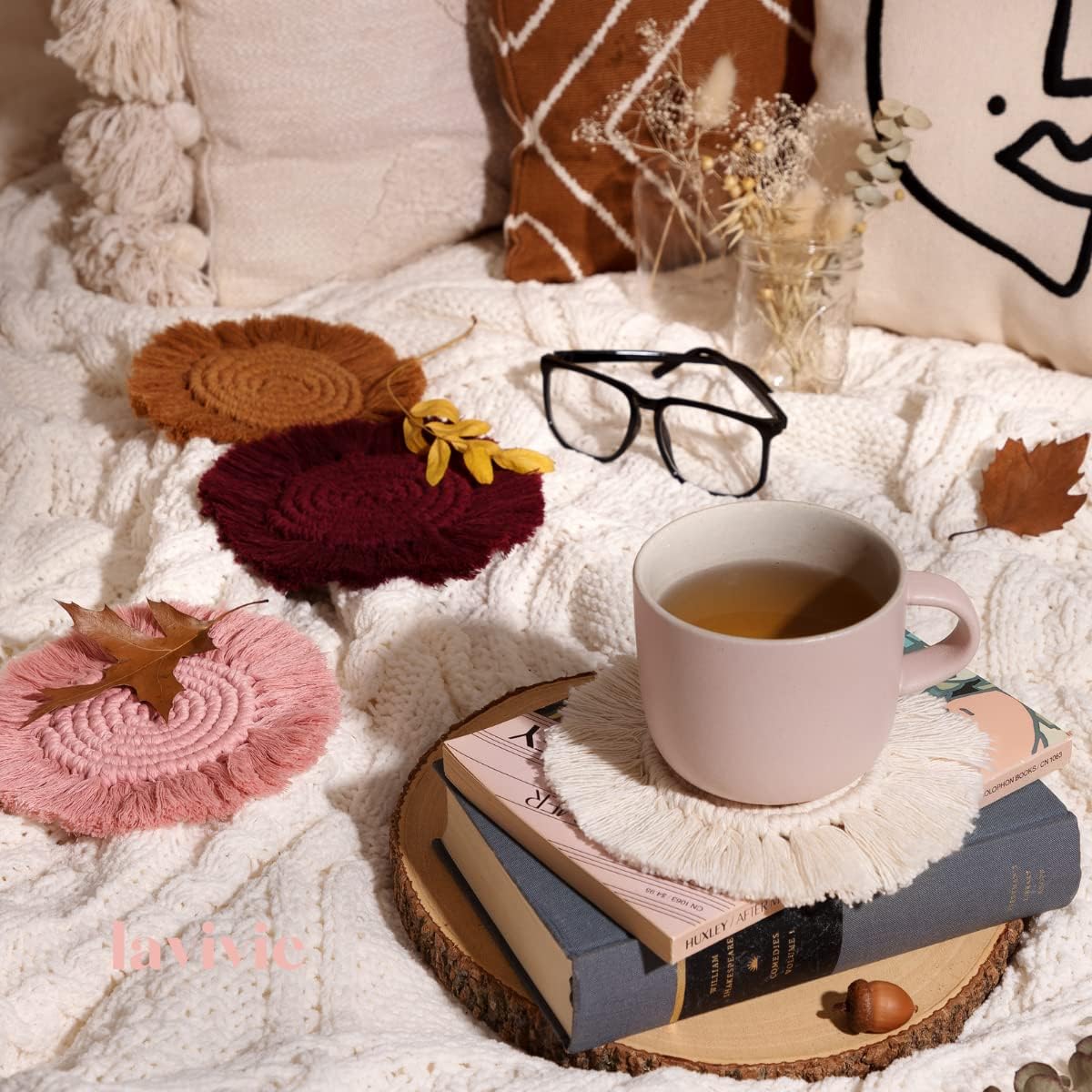 Cute Macrame Coasters Woven Boho Decor Handmade Absorbent Aesthetic, for Desk Office Table Kitchen Dining Room Cup Drinks Picnic Housewarming Home Rattan Wicker Bamboo (Dusty Pink (Set of 2))