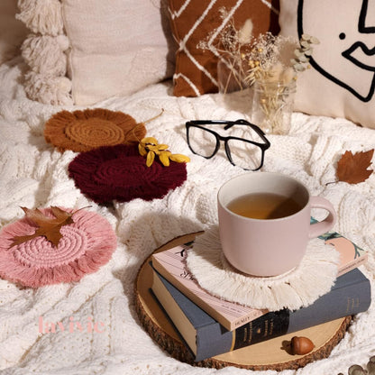 Cute Macrame Coasters Woven Boho Decor Handmade Absorbent Aesthetic, for Desk Office Table Kitchen Dining Room Cup Drinks Picnic Housewarming Home Rattan Wicker Bamboo (Dusty Pink (Set of 2))