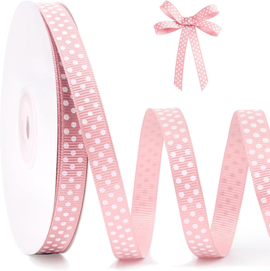Polka Dot Grosgrain Ribbon 3/8 Inch, 25 Yards Spool Pink and White Dot Craft Ribbon for Valentines Gift Wrapping DIY Crafts Hair Bows Wedding Party Decor Sewing and Home Decoration