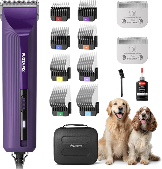 AmpFix Professional Dog/Pet Grooming Clippers - 2-Speed Heavy-Duty Motor, 2 Detachable Blade 8 Metal Combs, 10ft Cord, Runs Cool & Quiet, Anti-Slip Shatter-Proof Housing for All Animal Coats