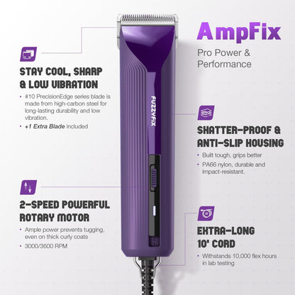 AmpFix Professional Dog/Pet Grooming Clippers - 2-Speed Heavy-Duty Motor, 2 Detachable Blade 8 Metal Combs, 10ft Cord, Runs Cool & Quiet, Anti-Slip Shatter-Proof Housing for All Animal Coats